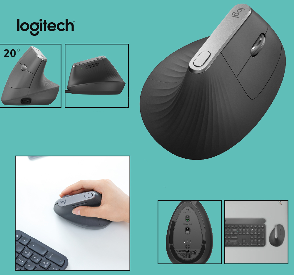 Mouse Logitech MX Vertical Sem Fio Recarregável Tecnologia Flow Unifying Cinza 4000DPI - 910-005447